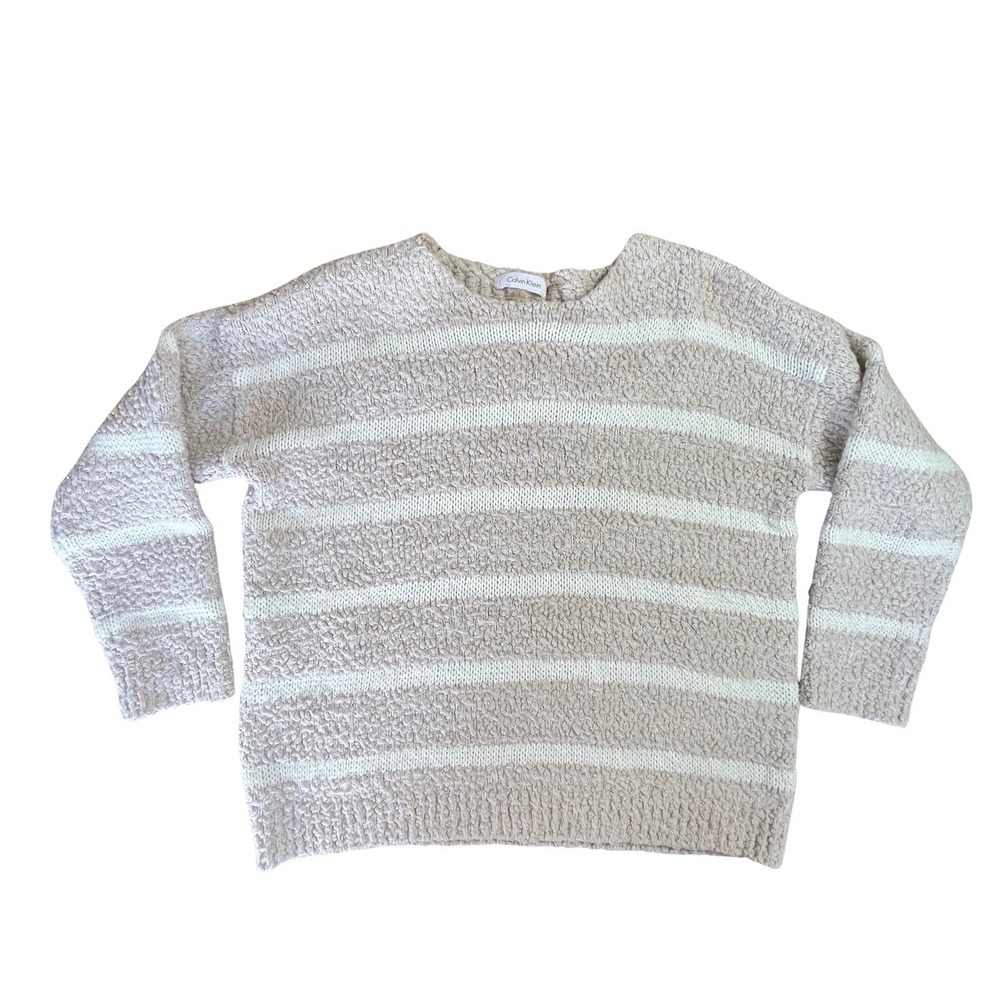 Calvin Klein Chunky Oversized Sweater Neutral Stripes Sz L Cabin Fisherman Cozy